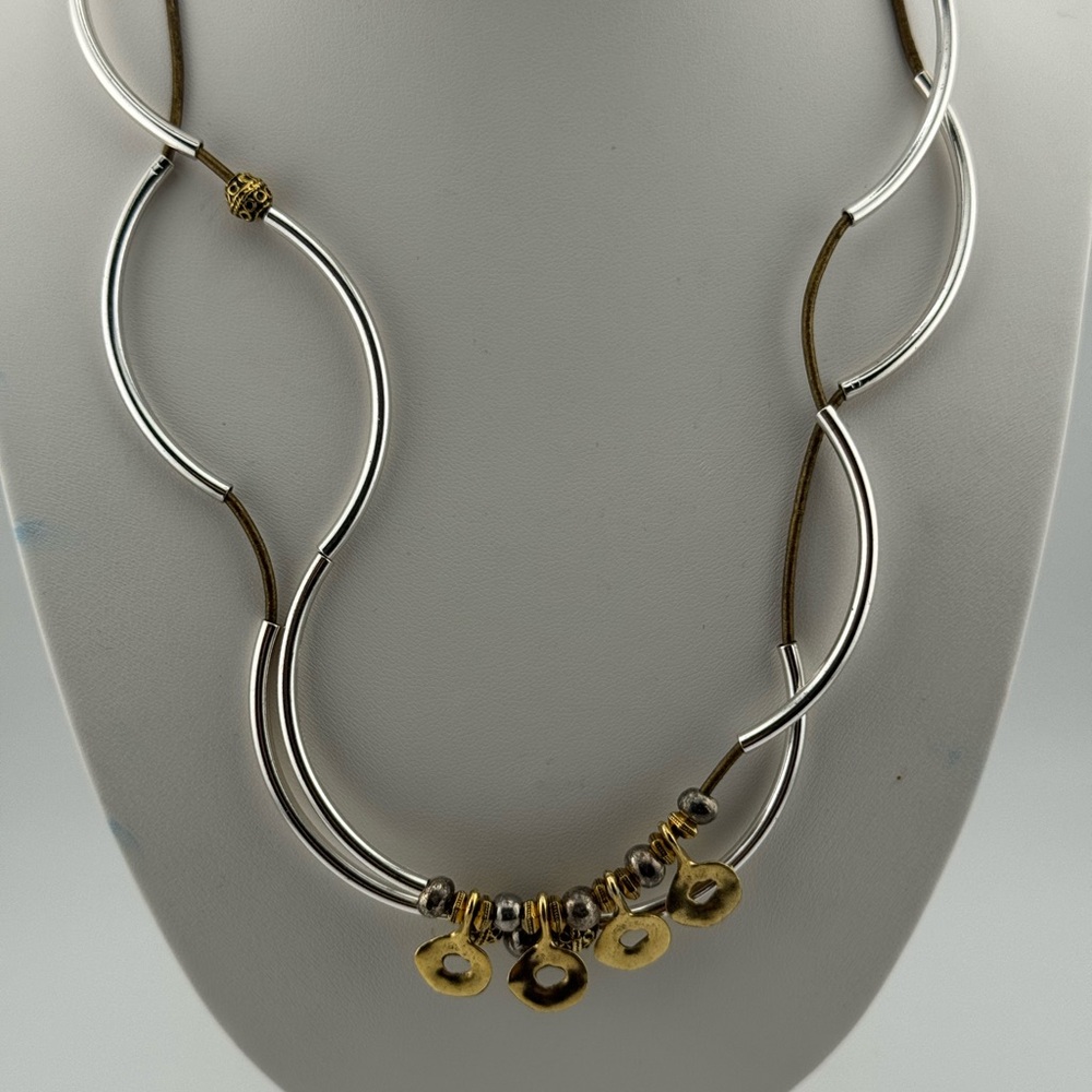 Lizzy James Mixed Metal Leather Necklace Silver Tone Tubes & Brass Disc Charms
